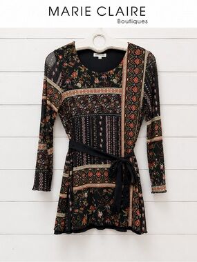 MARIE CLAIRE Black Floral Print Sheer Tunic Top Size M/M